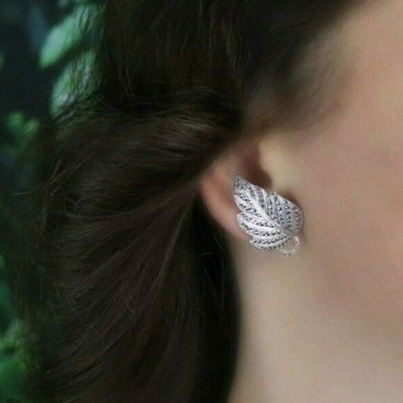Sterling Silver Marcasite Leaf Clip On Earrings Screw Back - Picture 2 of 7